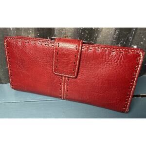 Vintage Fossil Bifold Wallet Red Leather Kiss Lock Closure Zippered Coin Pocket